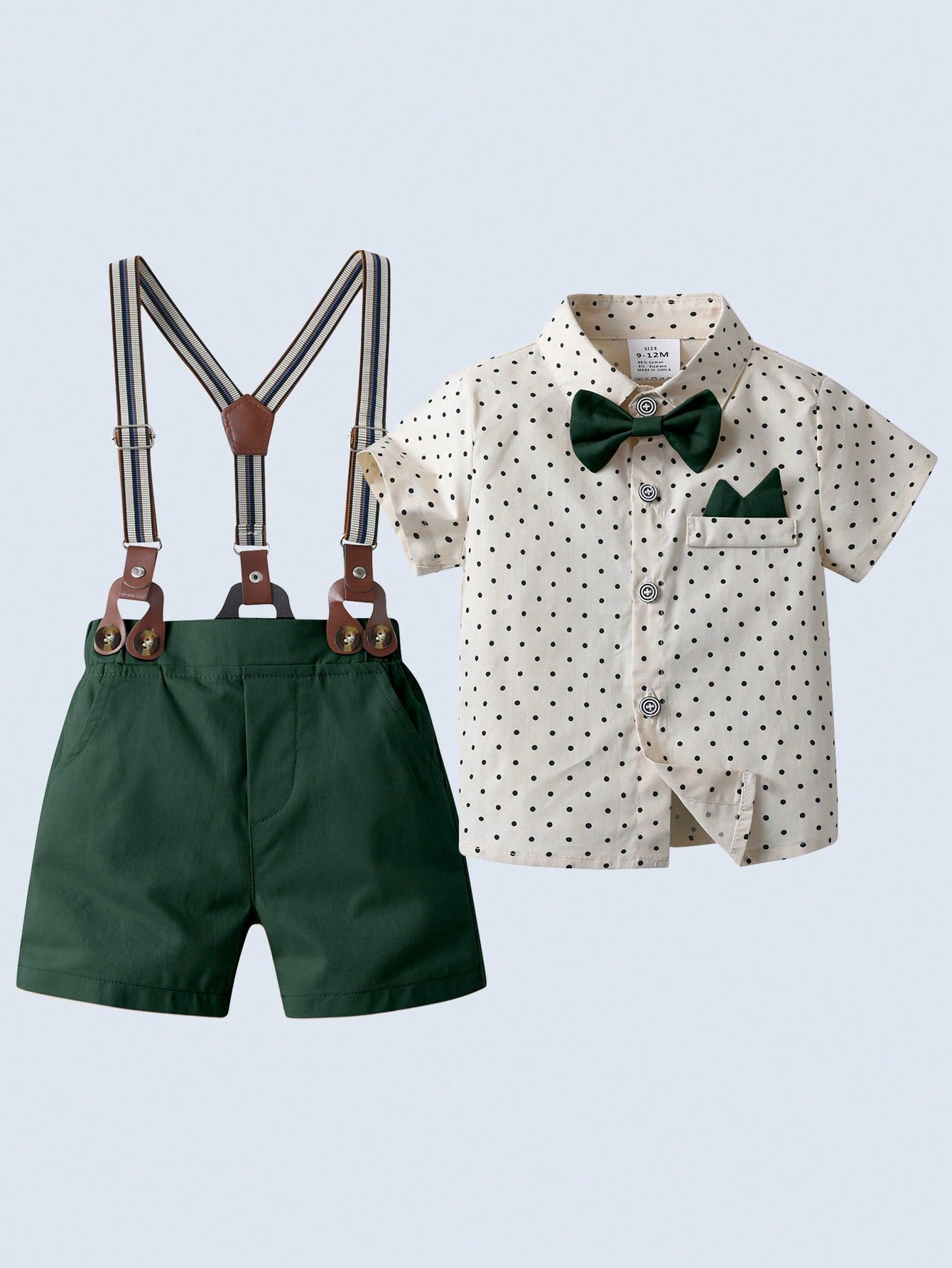 Young Boys' Gentleman Suit 2pcs Set, Short-Sleeved Collared Shirt With Bow Tie And Shorts/Overalls, Stylish And Handsome, Suitable For Birthday Parties, Weddings, Banquets, Performances