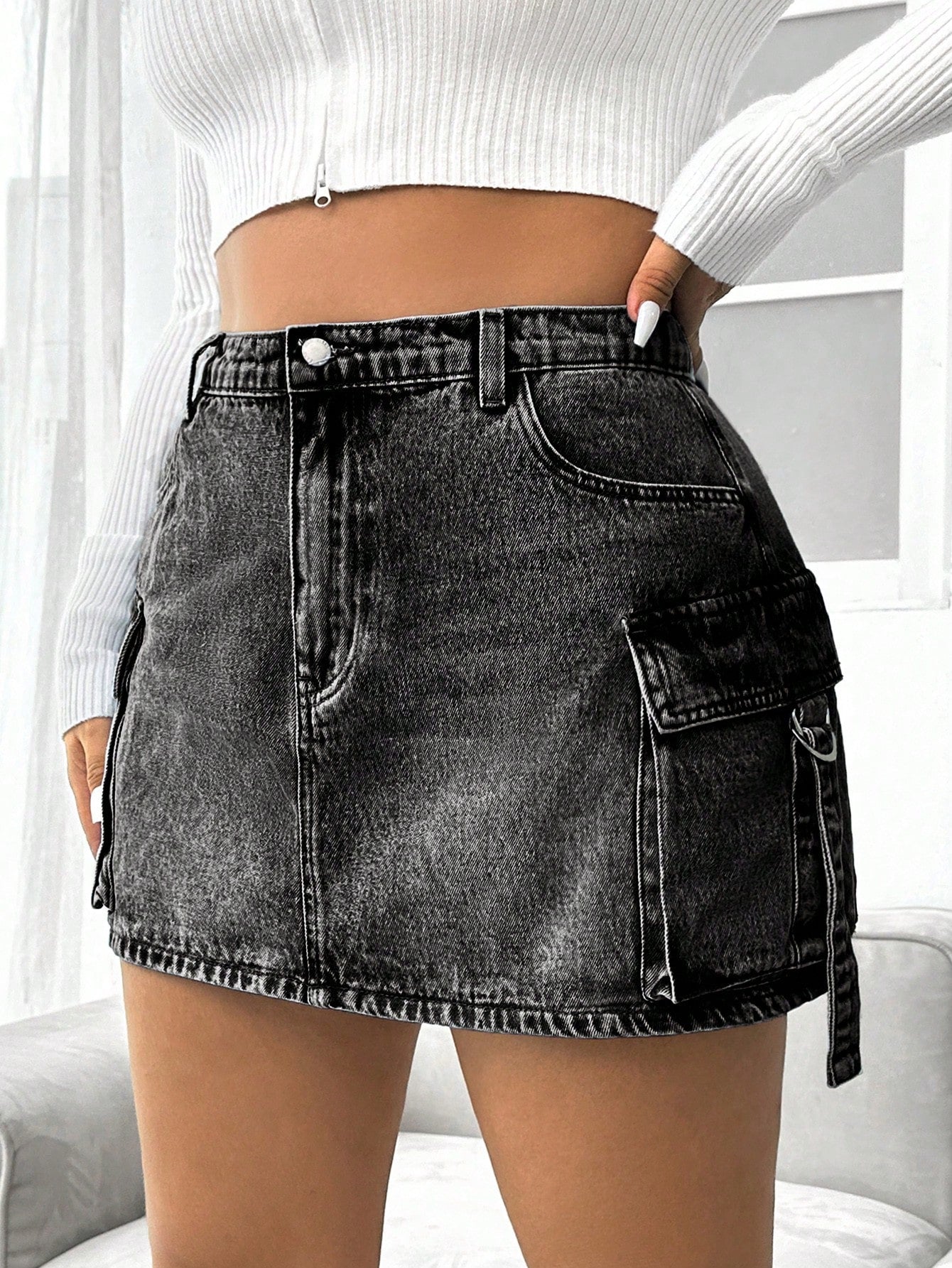 Plus Size Solid Color Denim Skirt With Pockets, Summer