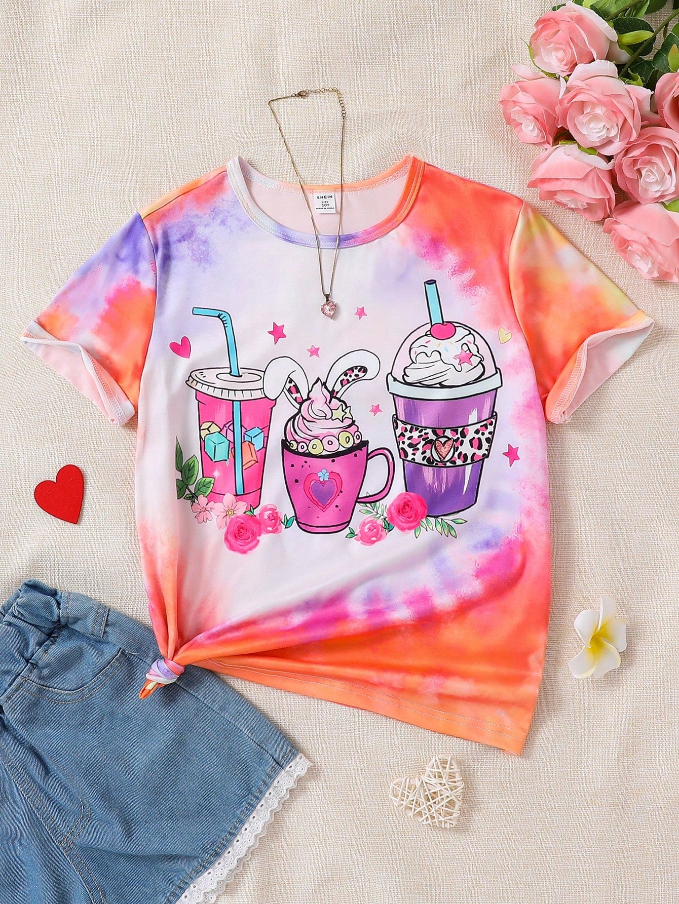 Tween Girl Tie-Dye Gradient Milk Tea Pattern Cute Summer T-Shirt