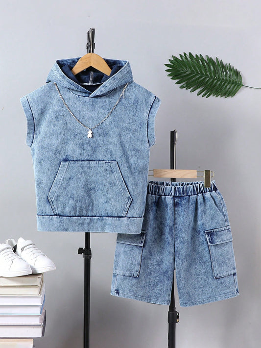 Streecool Kids Teen Boys' Comfortable Knit Denim Outfits For Daily, Sports And Casual Wear