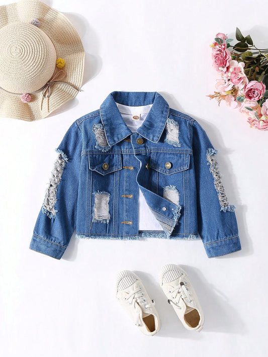 Vintage Heavy-Washed Street-Style Ripped Denim Jacket For Little Girls