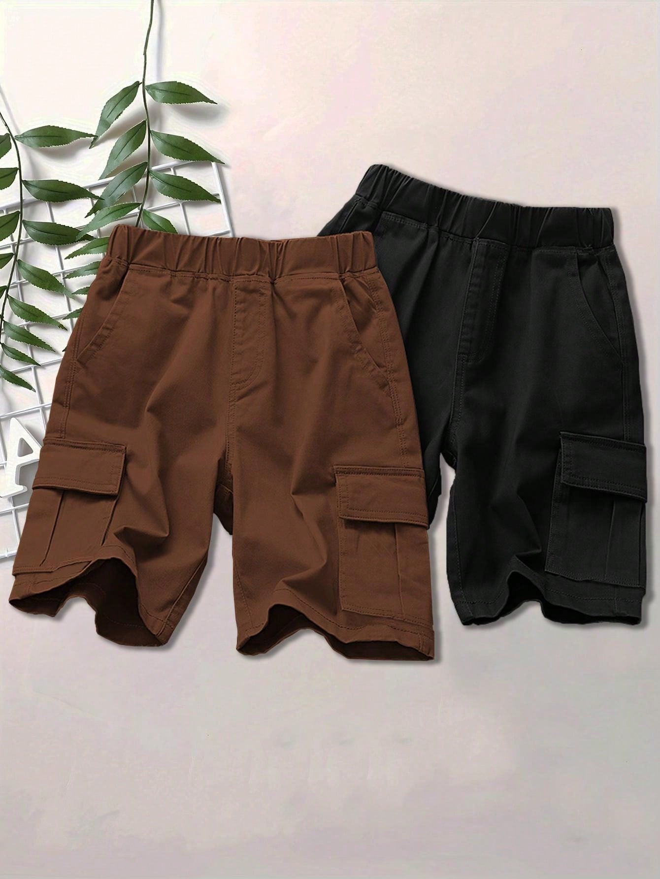 2pcs Tween Boy Casual Sporty Outdoor Pocketed Cargo Shorts, Spring/Summer