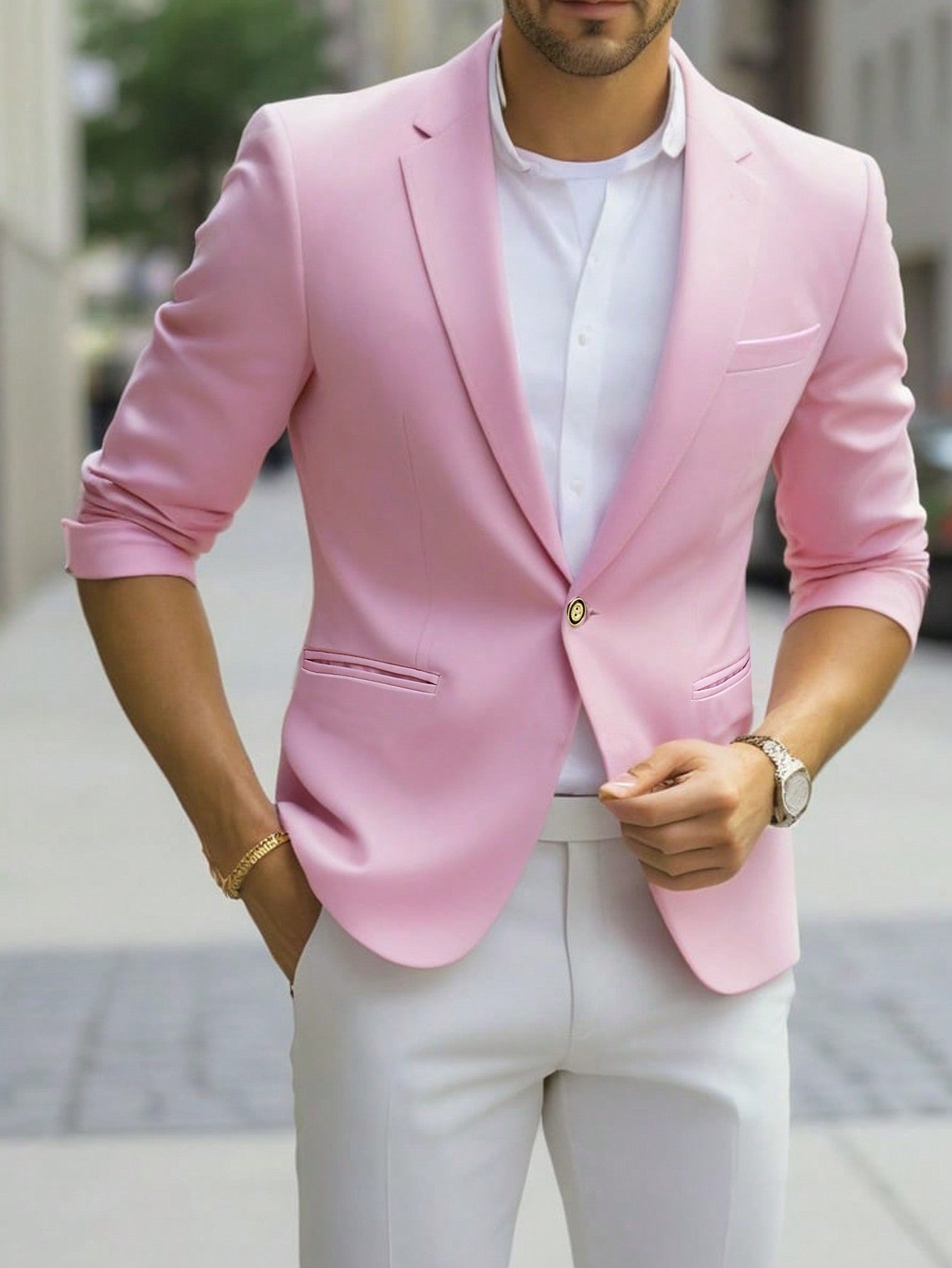 Men's Solid Color Notched Lapel Single Breasted Short Sleeve Blazer