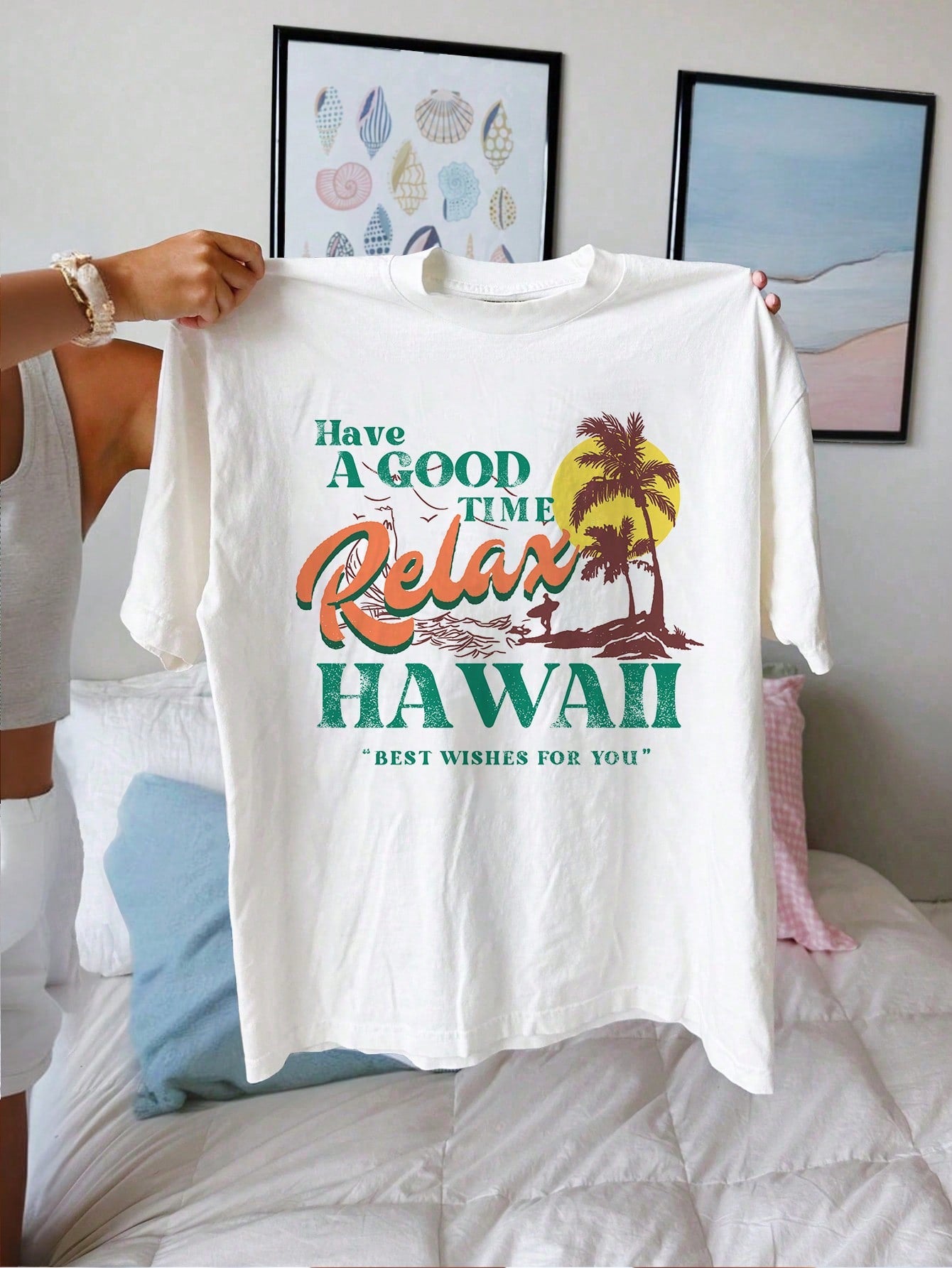 Teen Girl Vintage Casual Summer Coconut Tree Landscape Printed Knitted Oversized T-Shirt, Suitable For Summer