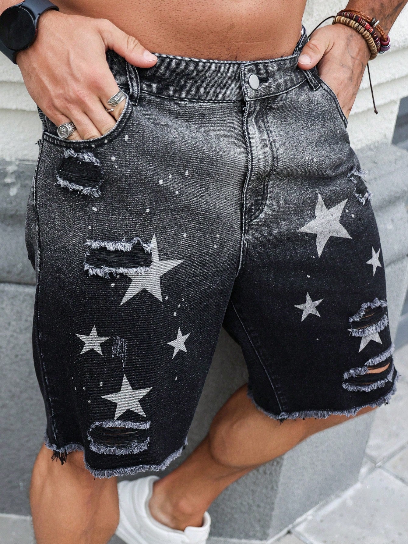 Men's Plus Size Five-Pointed Star Printed Denim Shorts With Pockets, Ripped Edges, And Casual Style