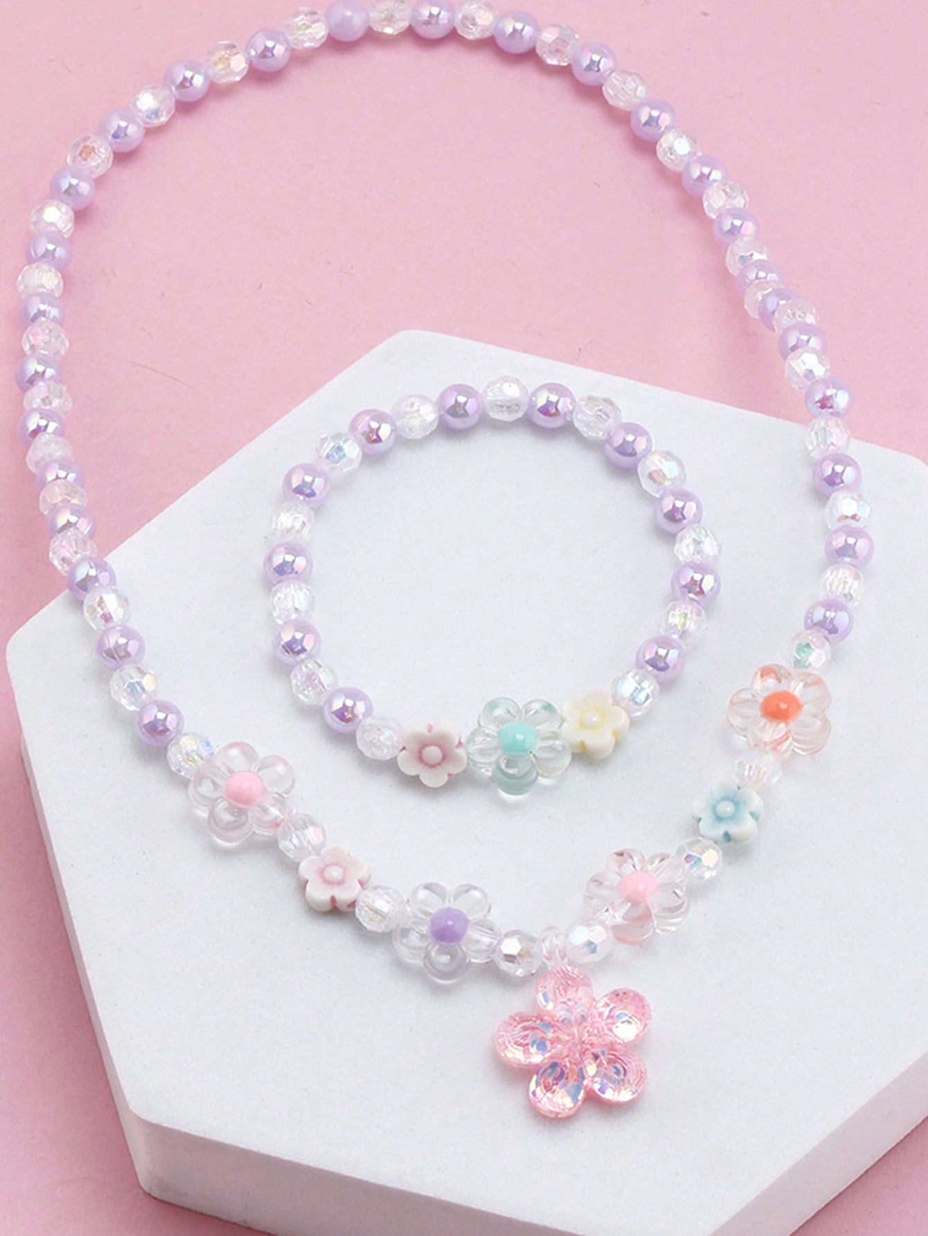 1pc Bracelet And 1pc Necklace Random Color Flower Beaded Children's Jewelry Set