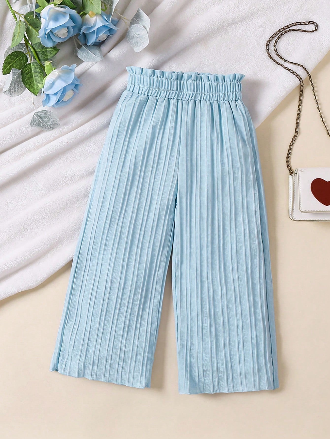 Young Girl Solid Color Elastic High Waisted Wide Leg Pants With Textured Finish