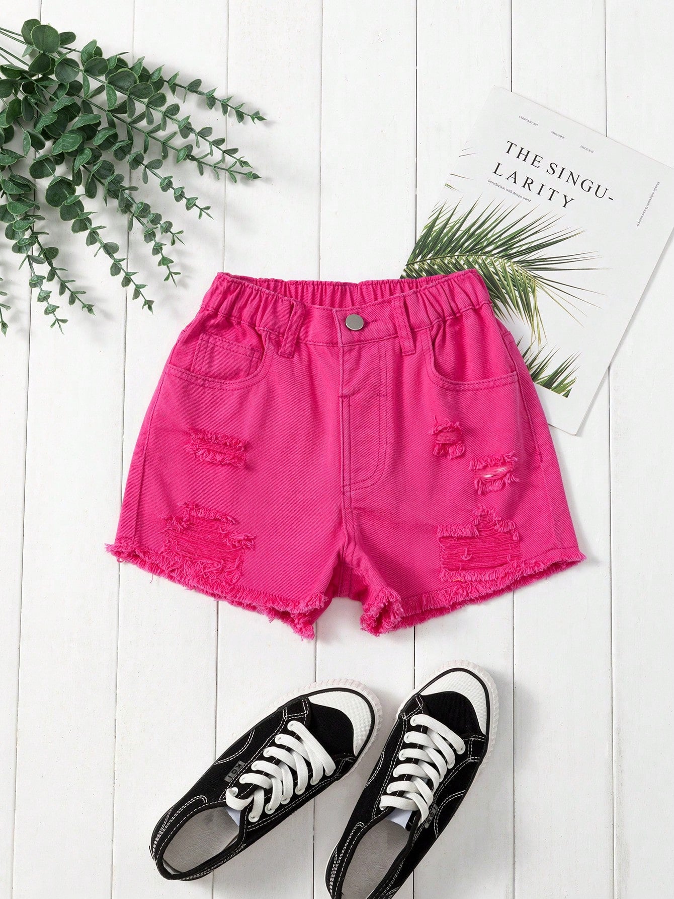 Tween Girl Daily Boho Casual Ripped Raw Hem Elastic Waist Denim Shorts