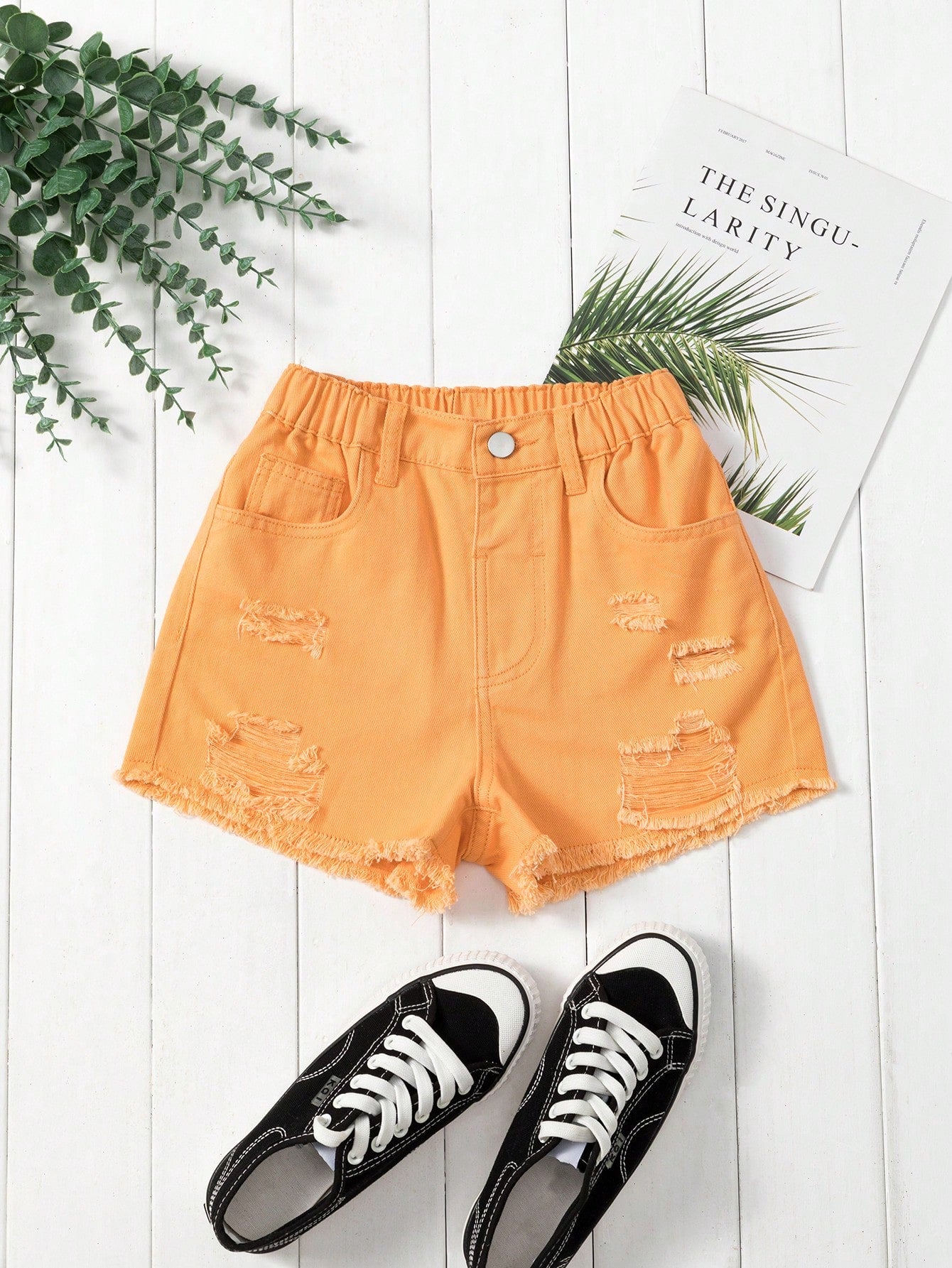 Tween Girl Daily Boho Casual Ripped Raw Hem Elastic Waist Denim Shorts