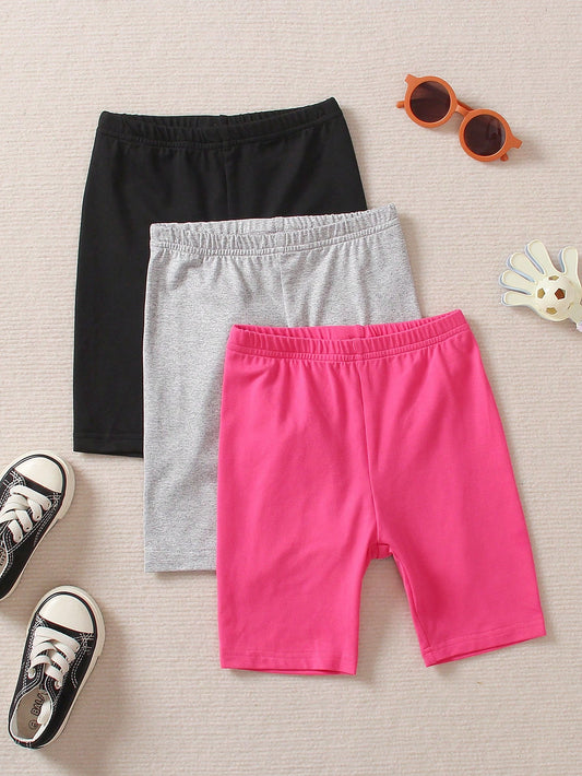 3pcs/Set Summer Girls' Casual Solid Color  Bermuda Shorts Outfit