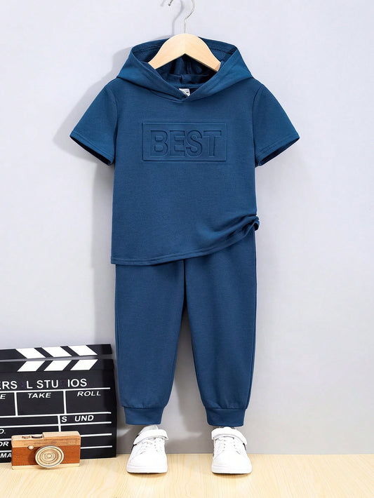 Tween Boys' Extended Size Hooded Letter Print Short Sleeve T-Shirt And Jogger Pants Set