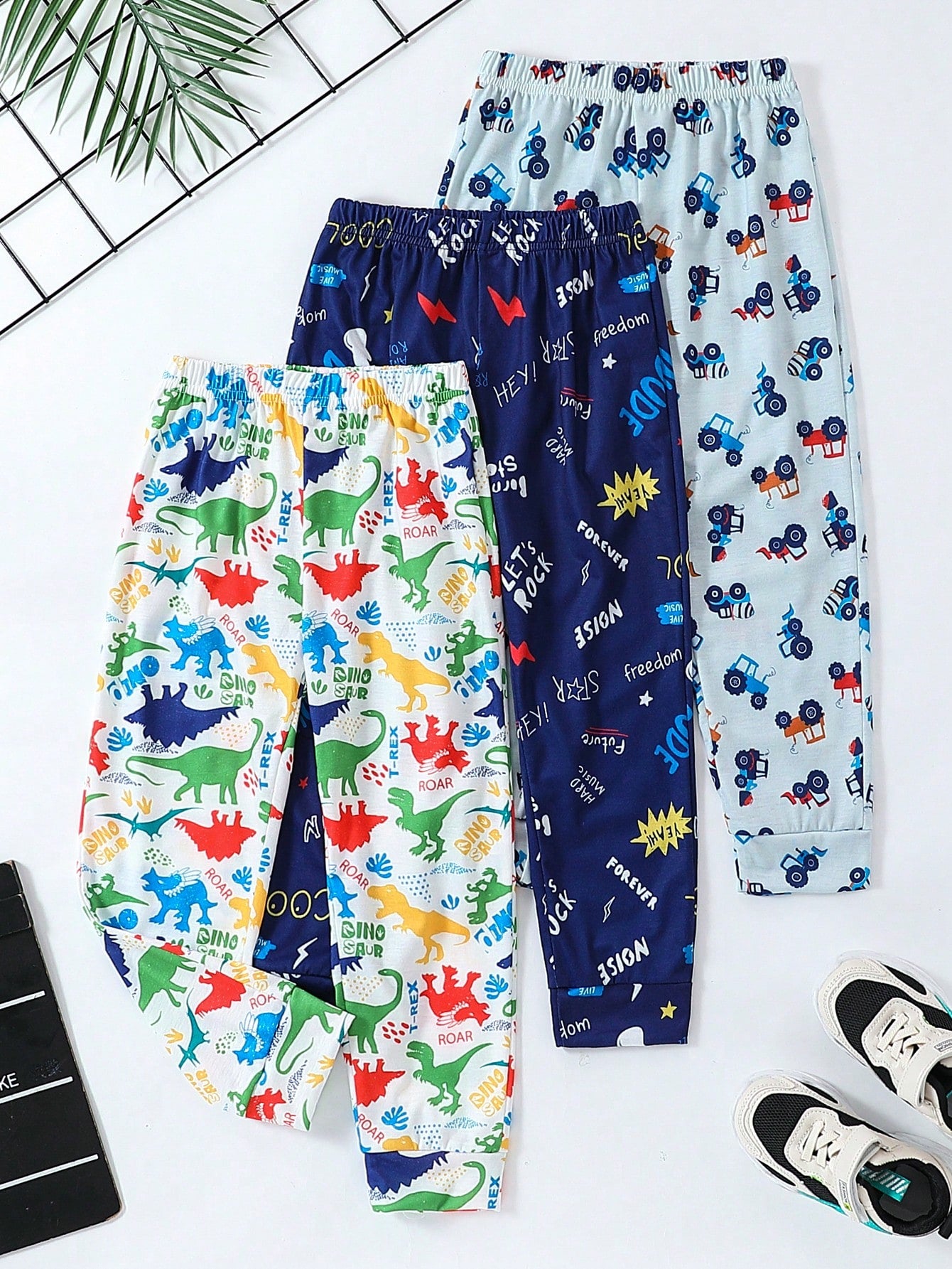 3pcs Young Boys' Casual Dinosaur Allover Print Tractor Full-Length Pants Summer Outfits, Suitable For Leisure, Sports, Travel, Daily, School, Outdoor, Spring And Autumn