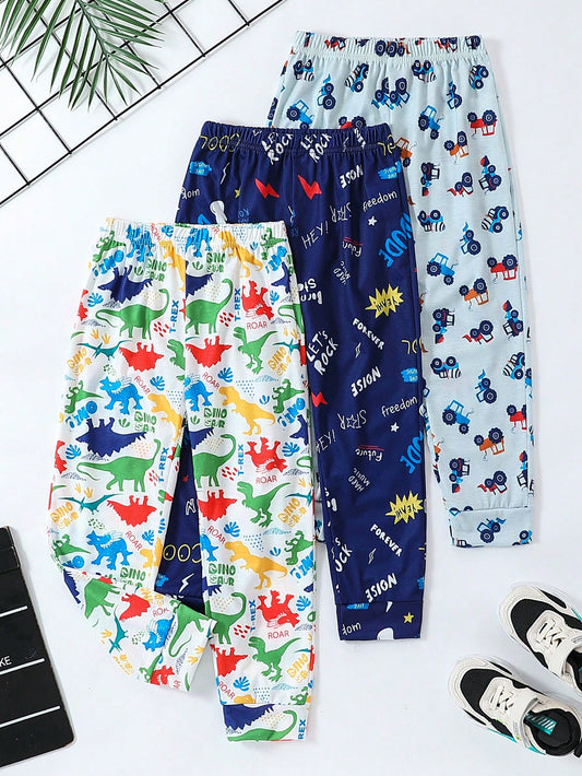 3pcs Young Boys' Casual Dinosaur Allover Print Tractor Full-Length Pants Summer Outfits, Suitable For Leisure, Sports, Travel, Daily, School, Outdoor, Spring And Autumn