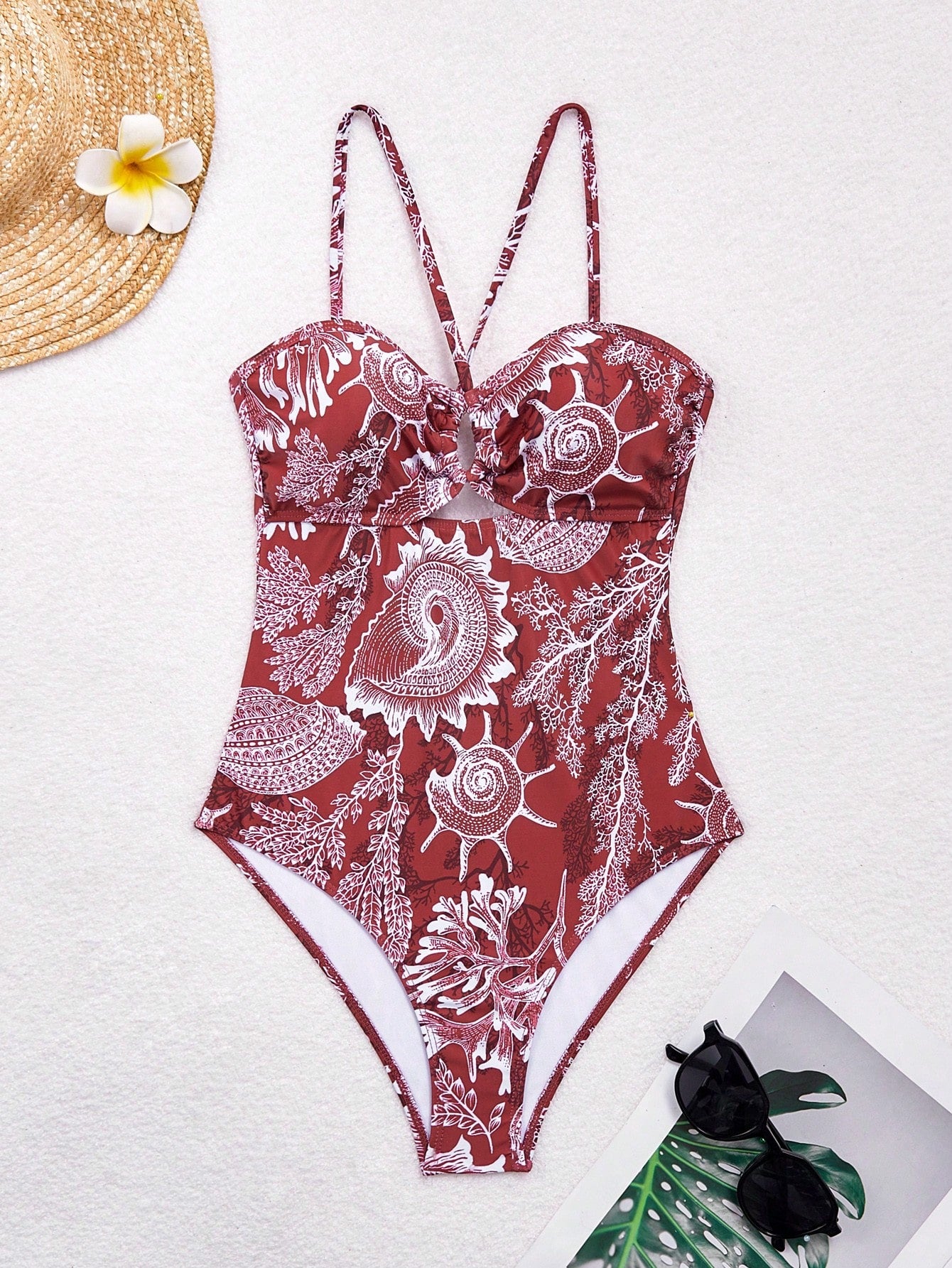 Swim Summer Beach Conch Print Cutout One-Piece Swimsuit