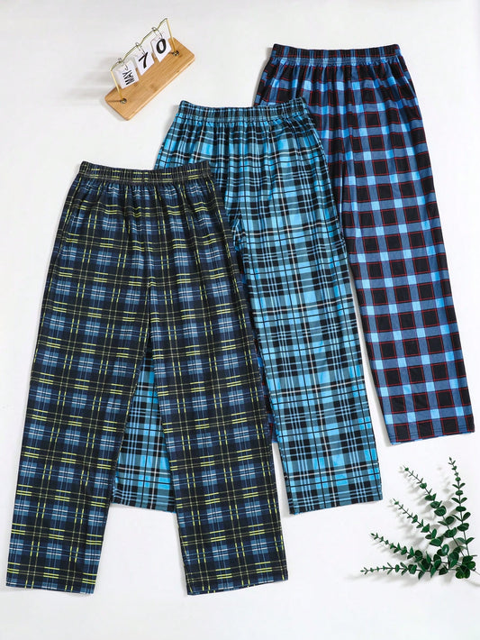 Set Of 3 Teen Boy Spring/Autumn Classic Straight Plaid Pants For Students' Comfortable Leisure And Sleepwear