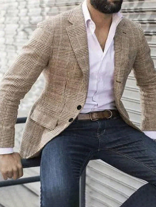 Men's Plaid Notched Lapel Long Sleeve Casual Blazer