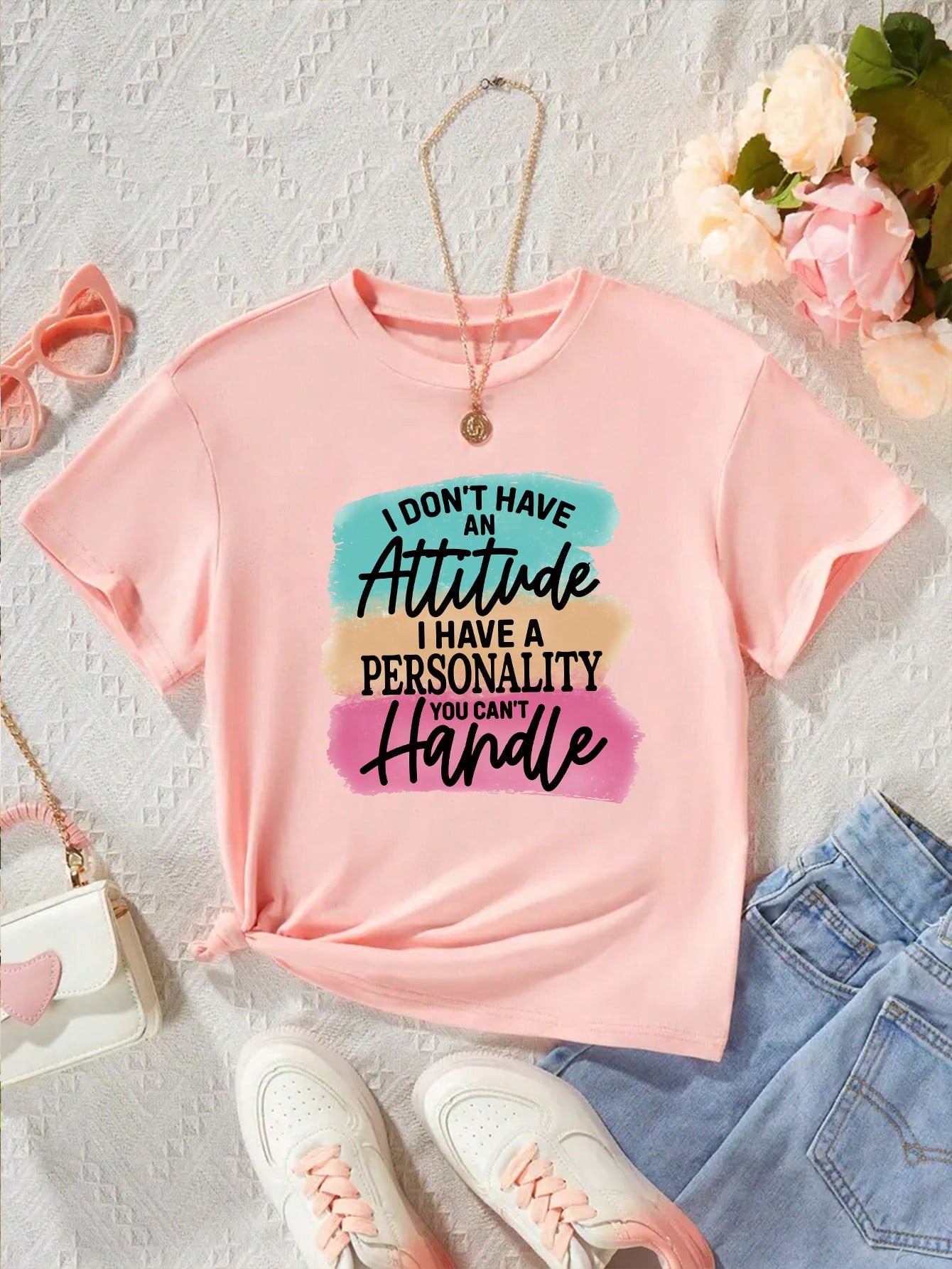 Tween Girls' Casual Slogan Printed Round Neck Pullover Short Sleeve T-Shirt, Summer