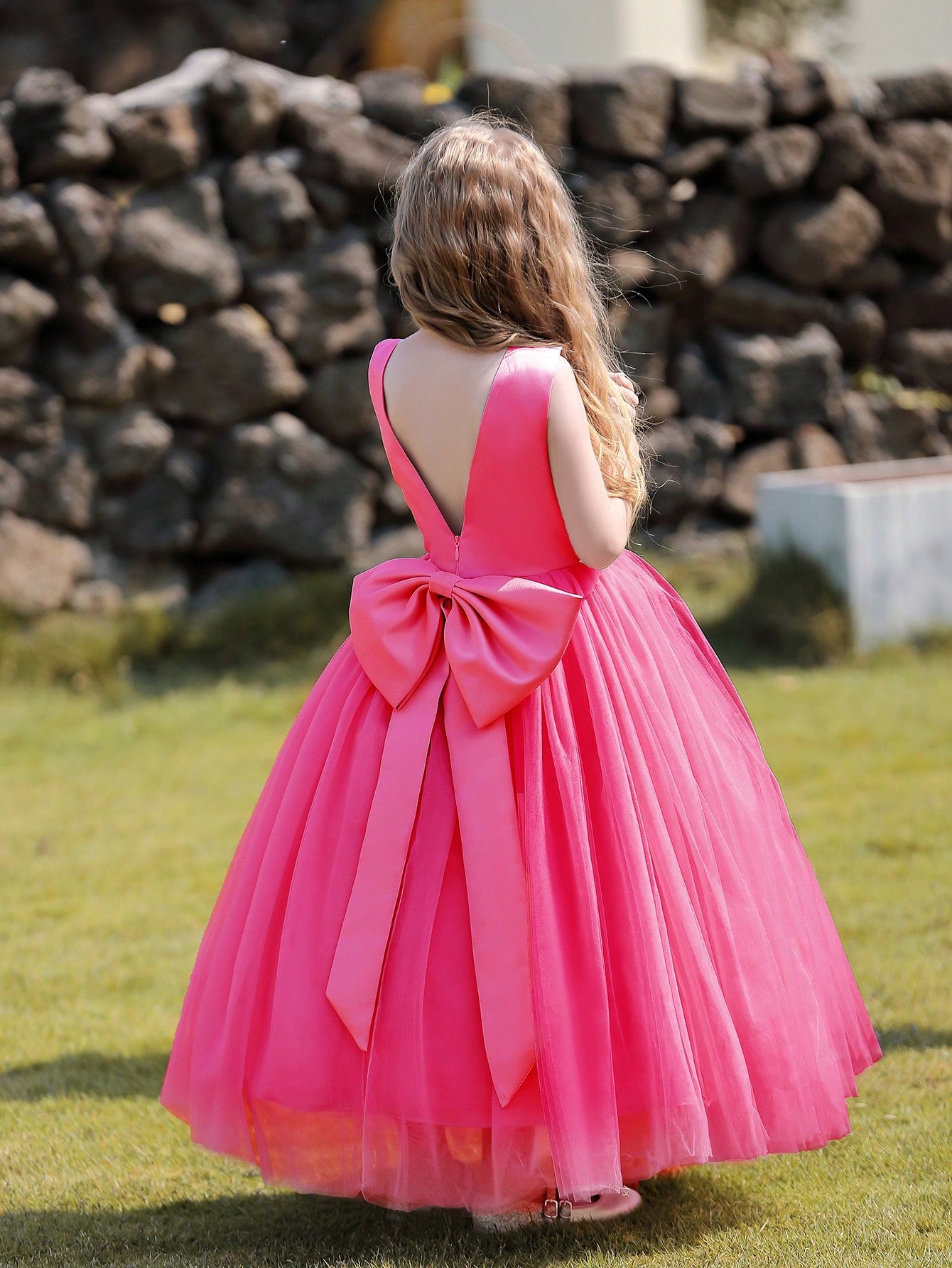 Tween Girls' Champagne Wedding Flower Girl Dress, Maxi Formal Dress With Big Bow