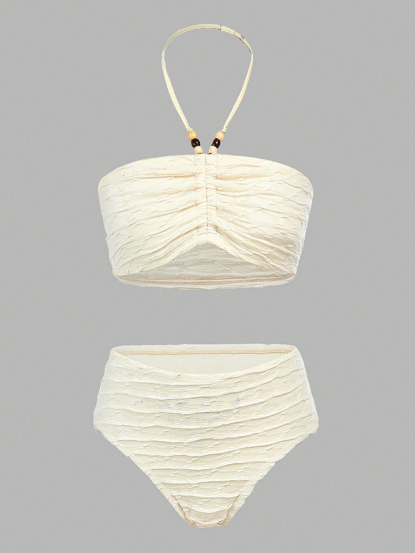 Teen Girl Apricot And White Knitted Bikini Set With Beads And Ruching Details, Perfect For Beach Vacations Summer Beach