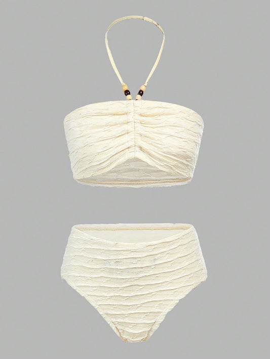 Teen Girl Apricot And White Knitted Bikini Set With Beads And Ruching Details, Perfect For Beach Vacations Summer Beach