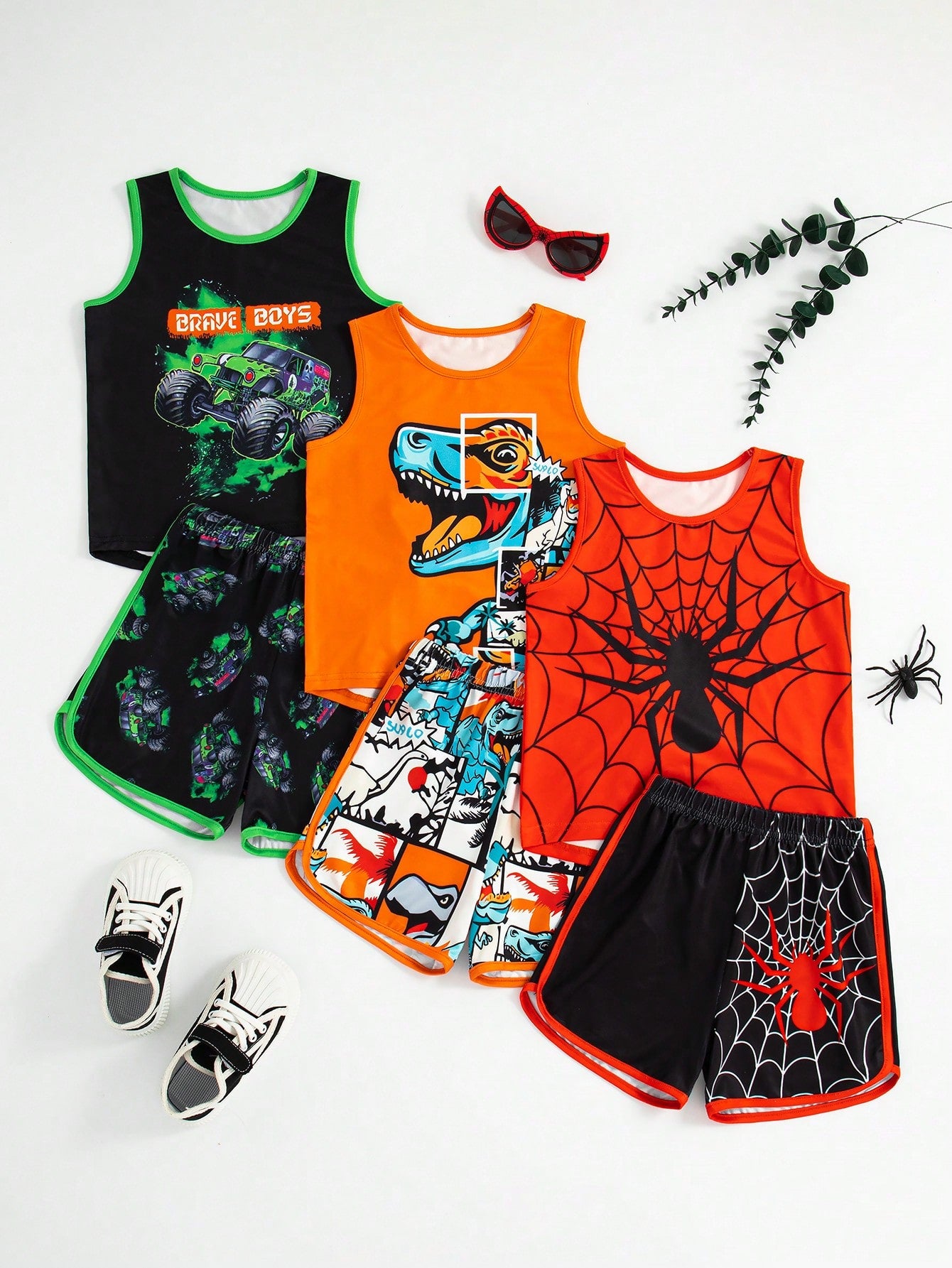 Toddler Boys' Summer New Combination Set, Round Neck Vest + Shorts + T-Shirt, Korean Style Simple Pattern Design, 3pcs/Set