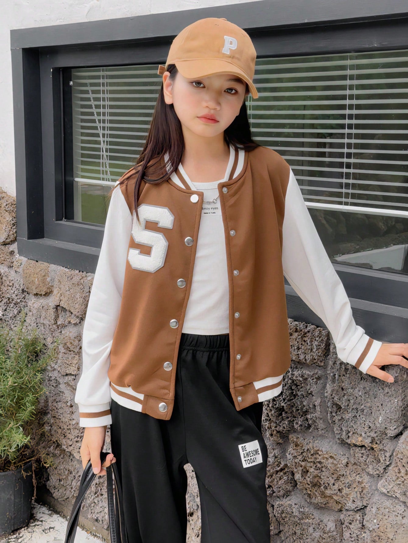 Tween Girls' Solid Color Patchwork Front Button Long Sleeve Letter Varsity Jacket, Casual Daily Wear