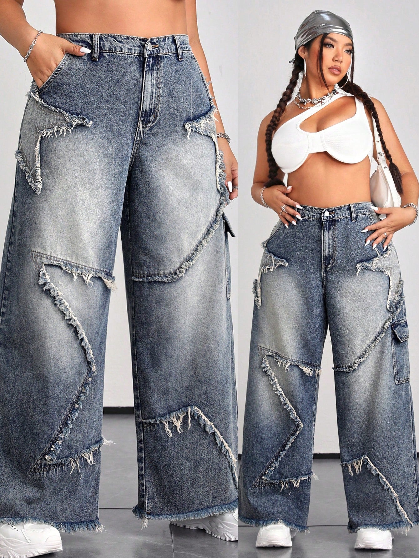 Plus Size Women's Jeans Street Style Wide Leg Pants With Star Patches, Blue Back To School Cargo Women Pants 4th Of July Outfits