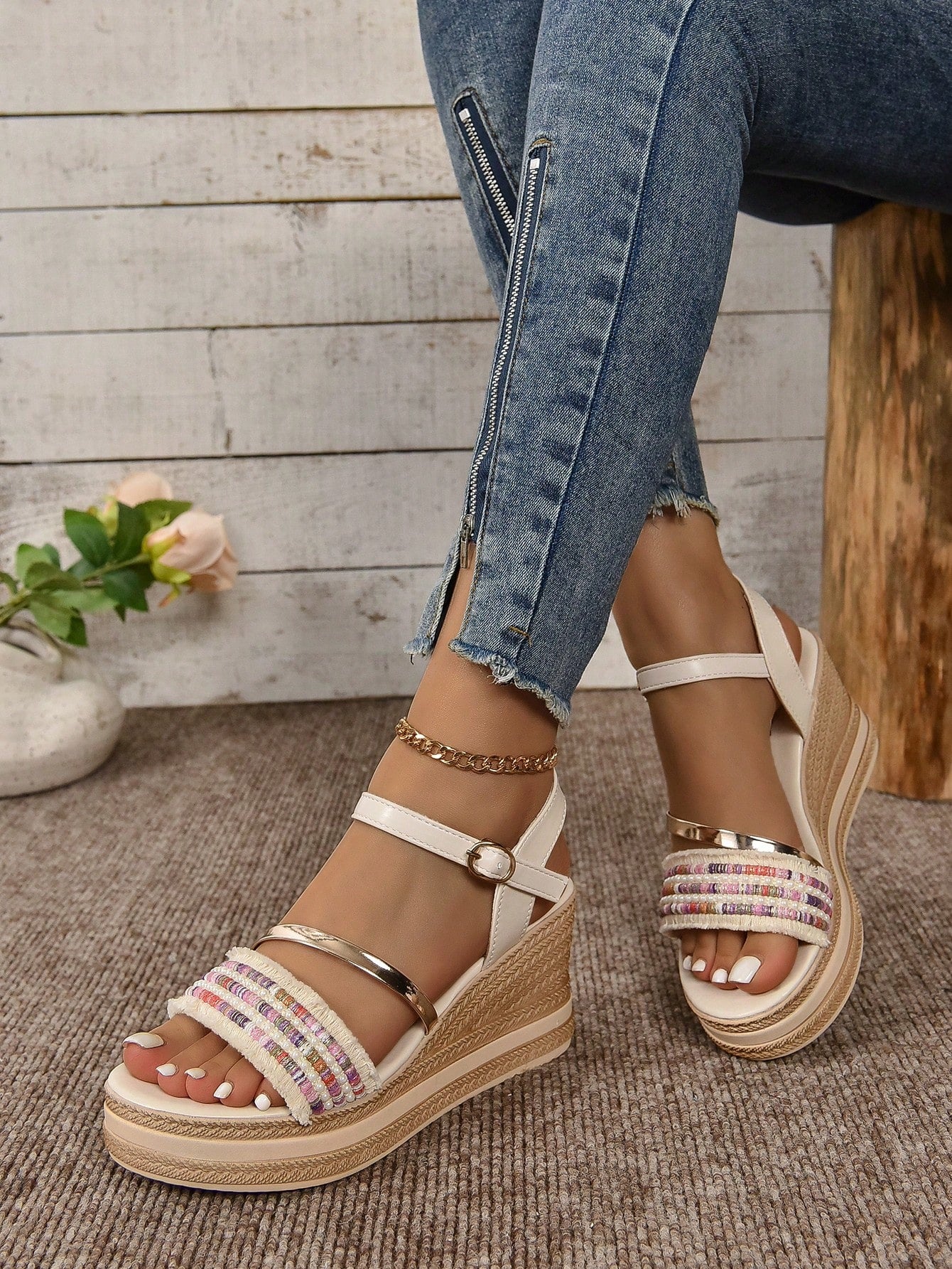 Women's Gold Braided Strap Decorated White Woven Bottom Bohemian Style Wedge Sandals, Youthful Trendy Casual Everyday Versatile, Holiday Walking Comfortable Women's Wedge Sandals