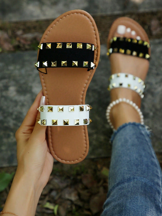 Women's Brown Flat Sandals With Metal Rivet And Rhinestone Decor, Elastic Ankle Strap T-Strap Thong Flat Sandals, Summer Fashion Comfortable Beach Shoes