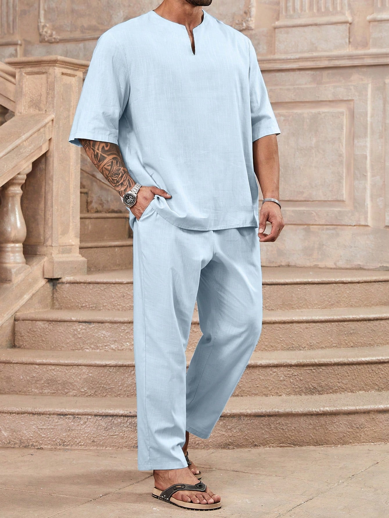 Men's Plus Size Solid Color Notched Collar Short Sleeve Shirt And Pocketed Long Pants Summer Casual Outfit