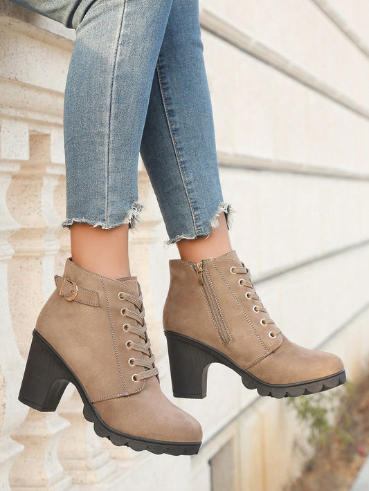 Elegant Ladies' Fashion Suede Boots With Buckle Decoration, Front Lace-Up, Side Zipper And Chunky Heels