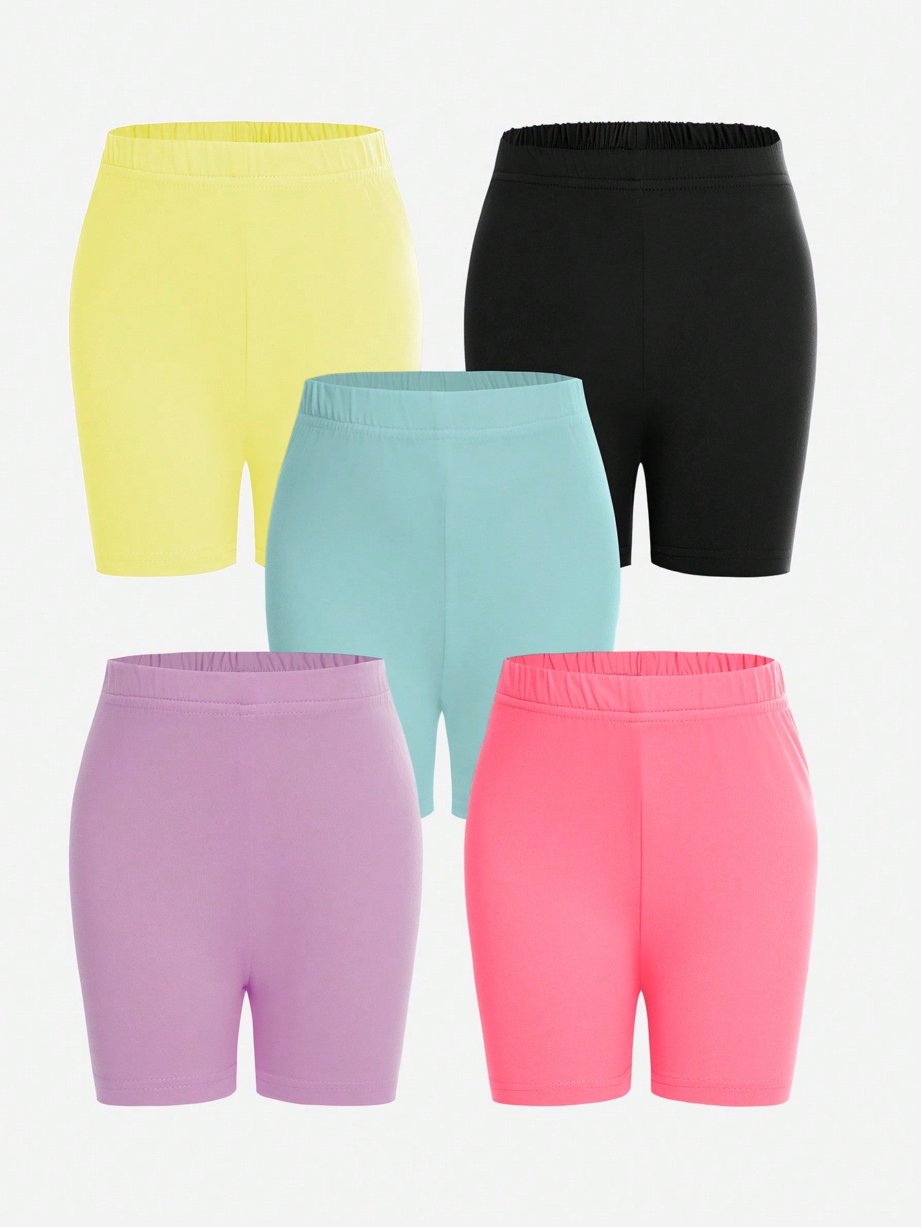 Young Girl Simple Multicolor Tight-Fit 5pcs Shorts Set For Sport, Yoga, Running