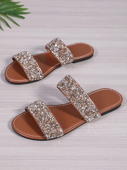 1 Pair European And American Plus Size Teen Girls' Roman Style Glittery PU Flat Sandals, Double Strap Design, Peep Toe, Non-Slip Lightweight Comfortable Casual Beach Shoes, Suitable For Family Gatherings, Daily Wear, Vacation And Summer Sea Beach