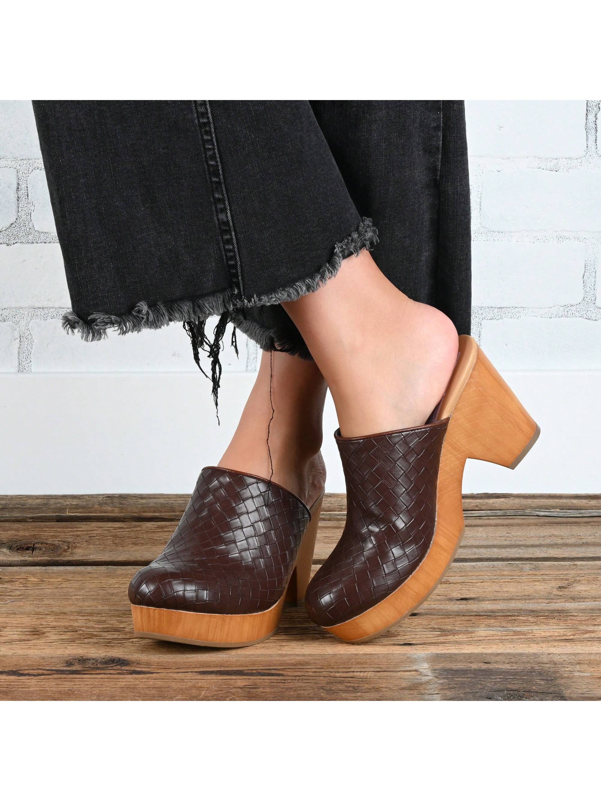 Womens Mules Mid Block Heel Round Toe Pumps