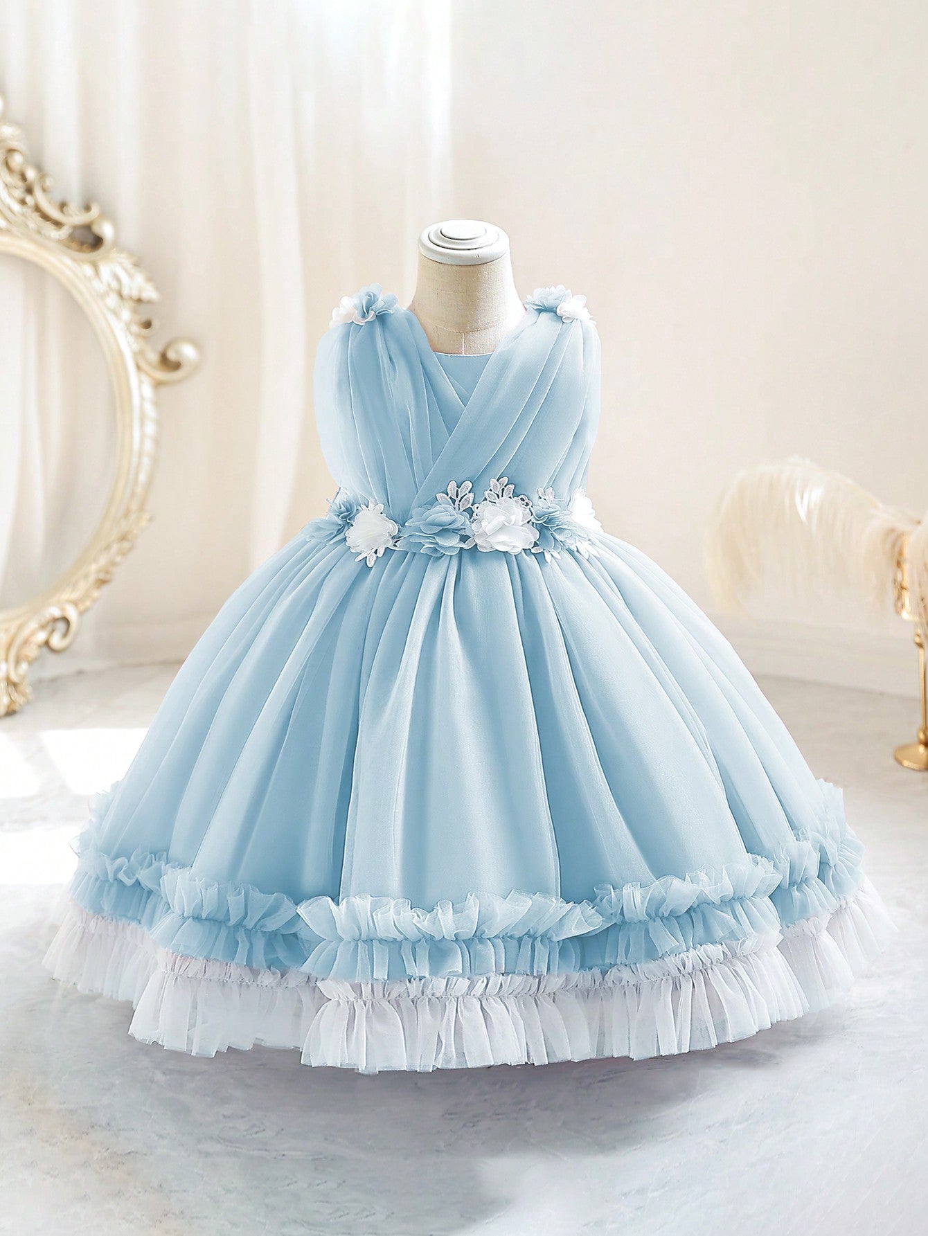 Young Girl Stereo Flower Contrast Mesh Ruffle Trim Gown Dress