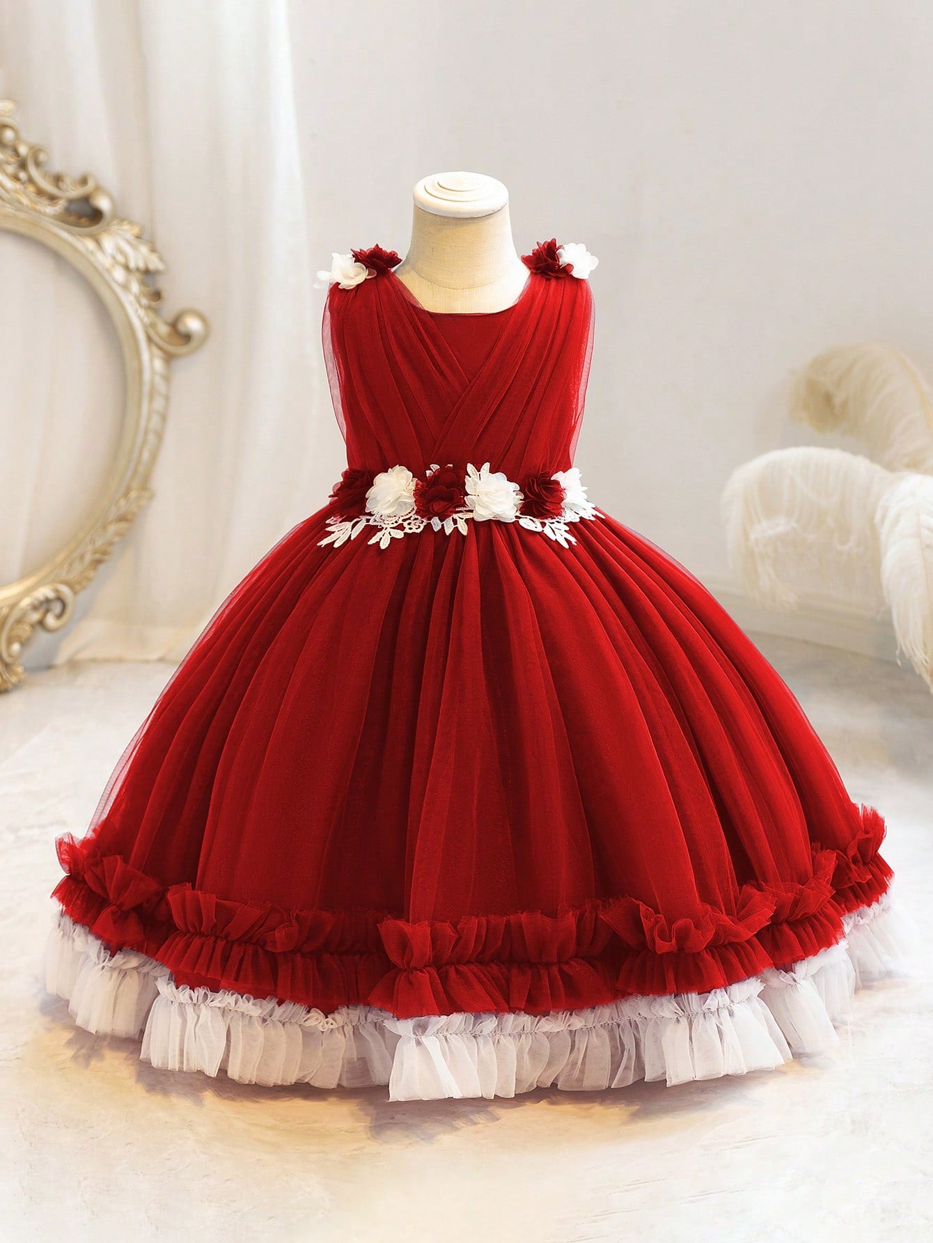 Young Girl Stereo Flower Contrast Mesh Ruffle Trim Gown Dress