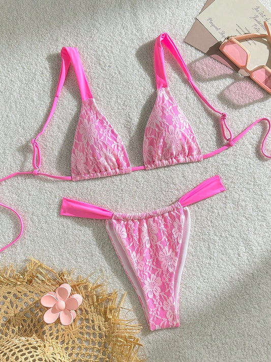 Women's Floral Lace Sexy Bikini Set For Summer Beach, Random Pattern