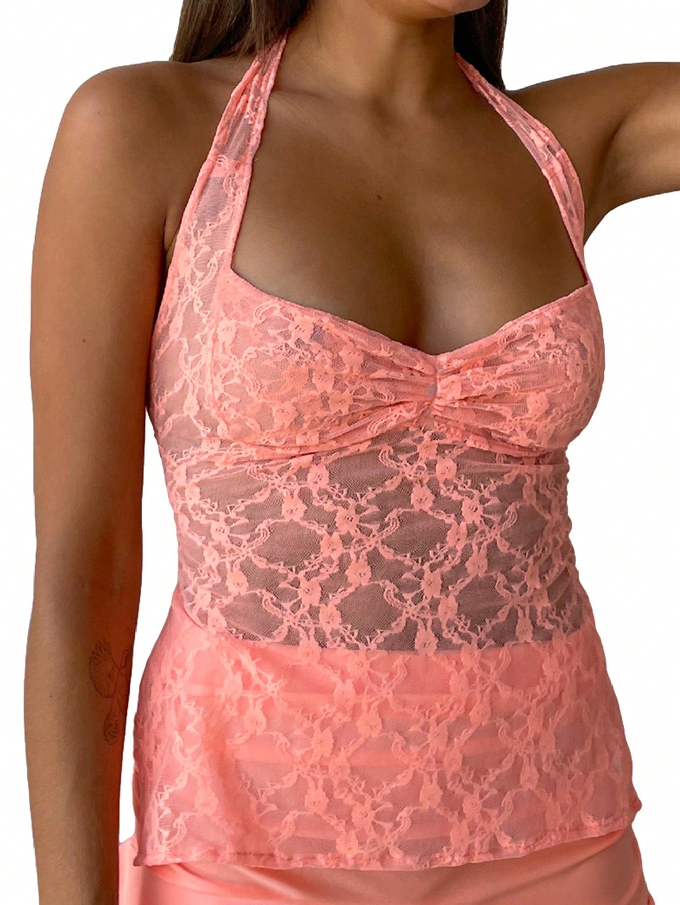 Ladies' Solid Color Pleated Halter Lace Tank Top