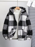 Cheap Black & White Hoodie For Tween Boys, Reversible Checkered Long Sleeve Jacket With Zipper, Suitable For School, Daily, Casual, College, Travel And Sports; Ideal For Fall/Winter Season