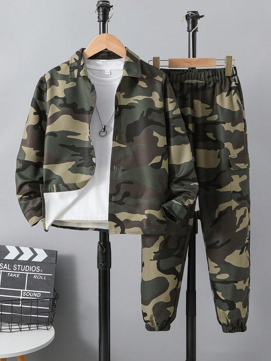 Tween Boys Extended Size Camouflage Collared Long Sleeve Shirt And Tapered Pants Two-Piece Set