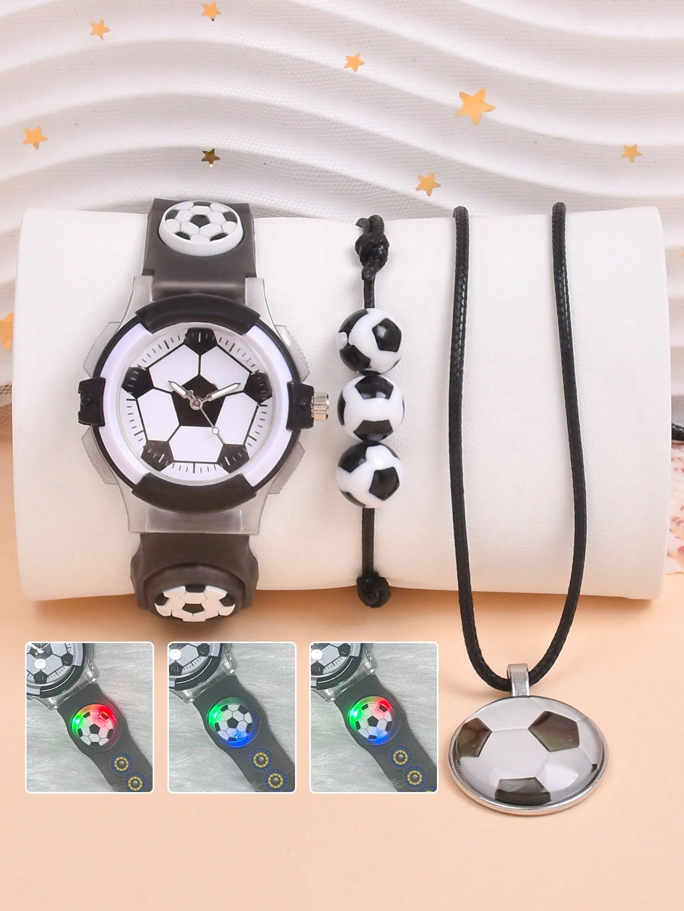 Kids Soccer Dial Quartz Watch & 1pc Bracelet & 1pc Necklace