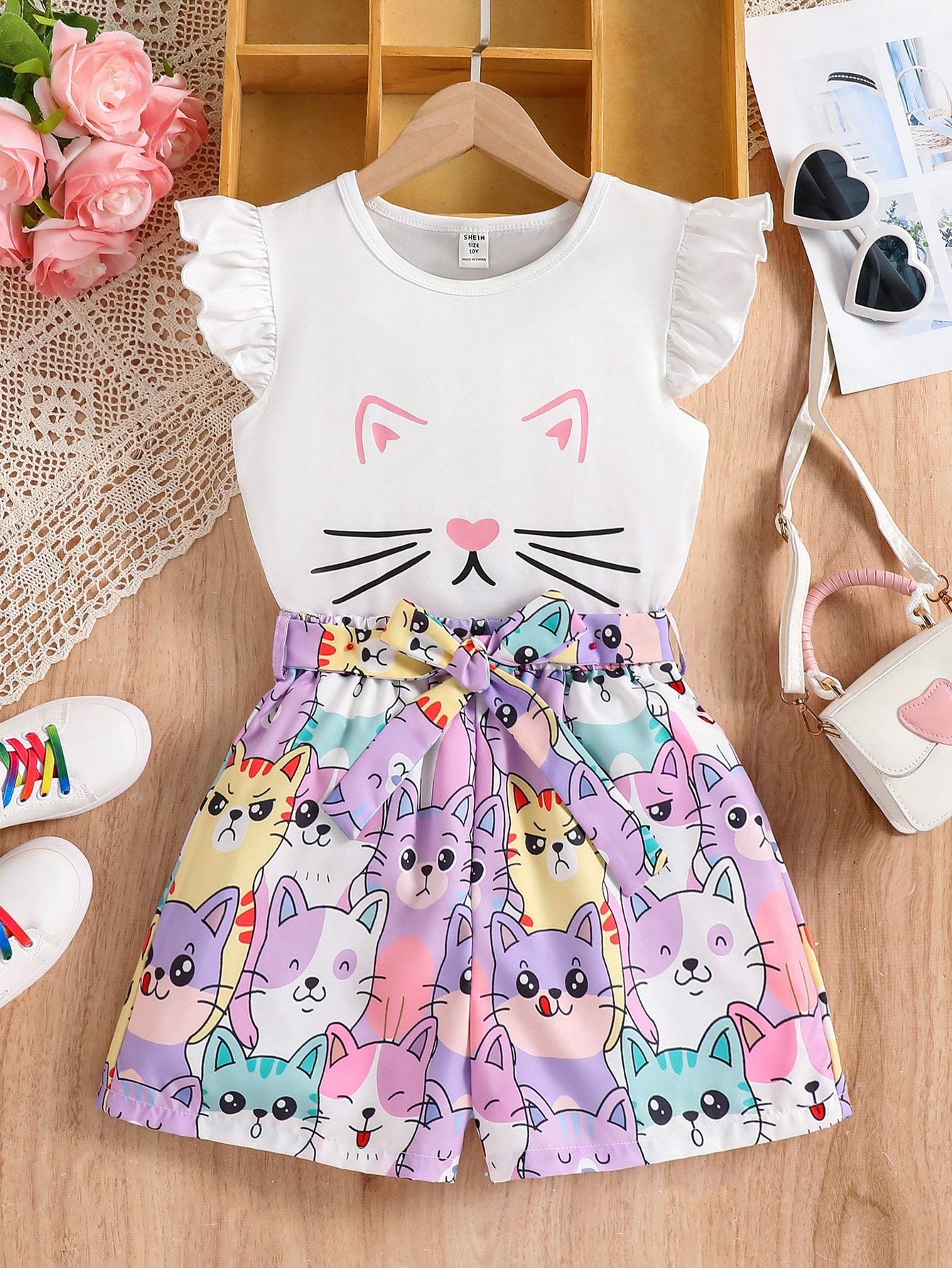 Tween Girl 2pcs/Set Cute Cartoon Cat Print Sleeveless Round Neck Top And All-Over Print Shorts