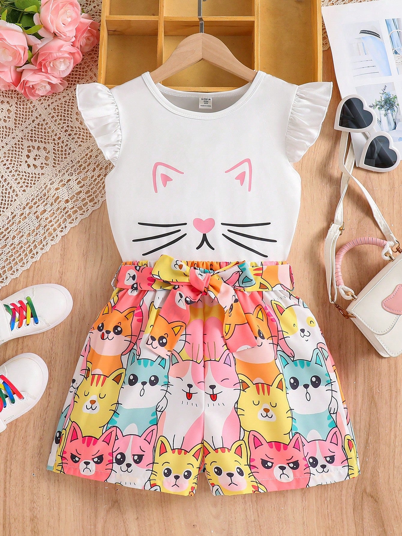 Tween Girl 2pcs/Set Cute Cartoon Cat Print Sleeveless Round Neck Top And All-Over Print Shorts