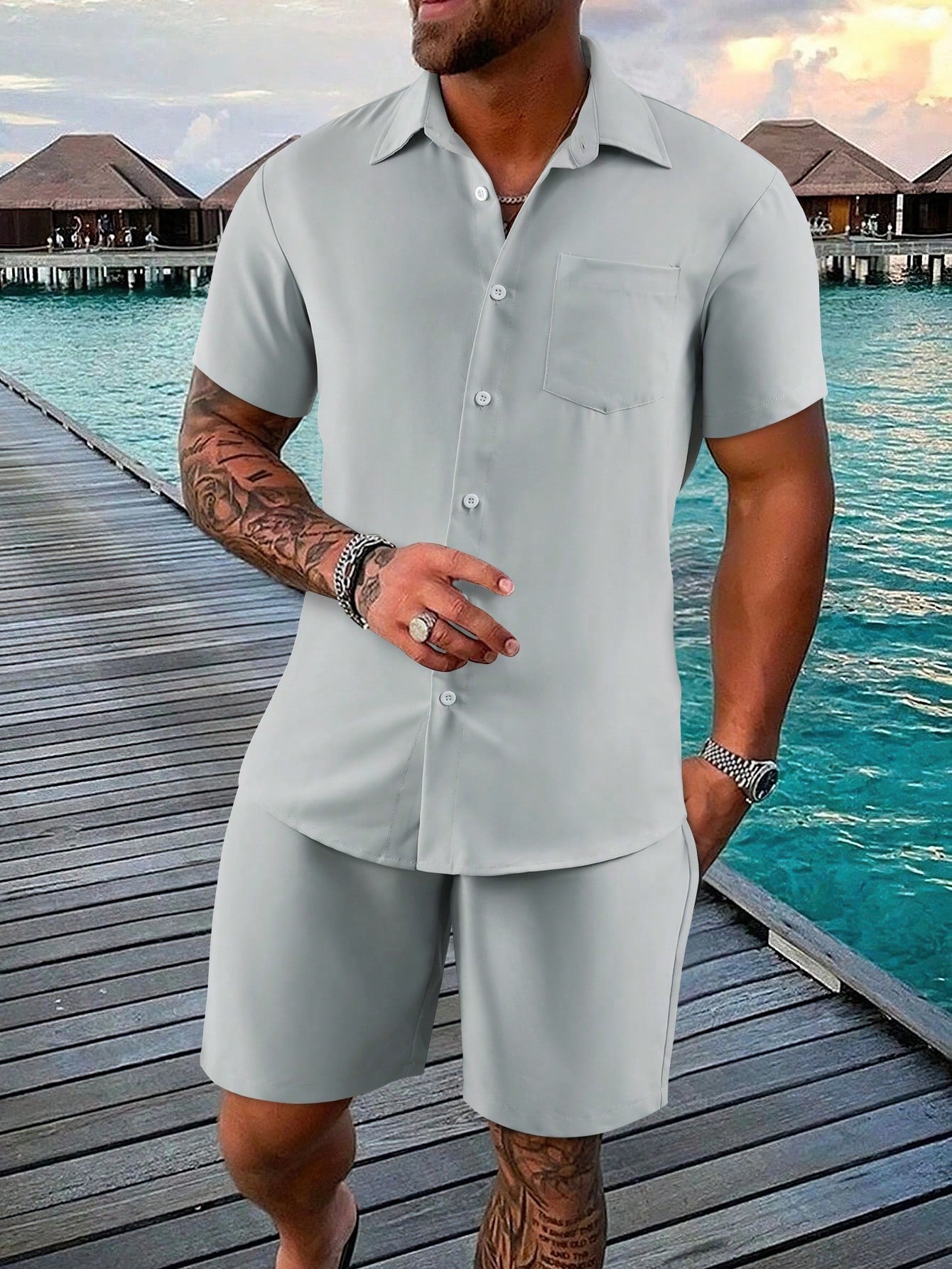 Men's Loose Fit One Pocket Front Shirt & Shorts Set (T-Shirt Not Included)