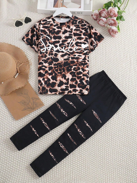 2pcs Tween Girl Fashionable Leopard Print Round Neck Short Sleeve T-Shirt And Letter Printed Knit Pants Set, Summer