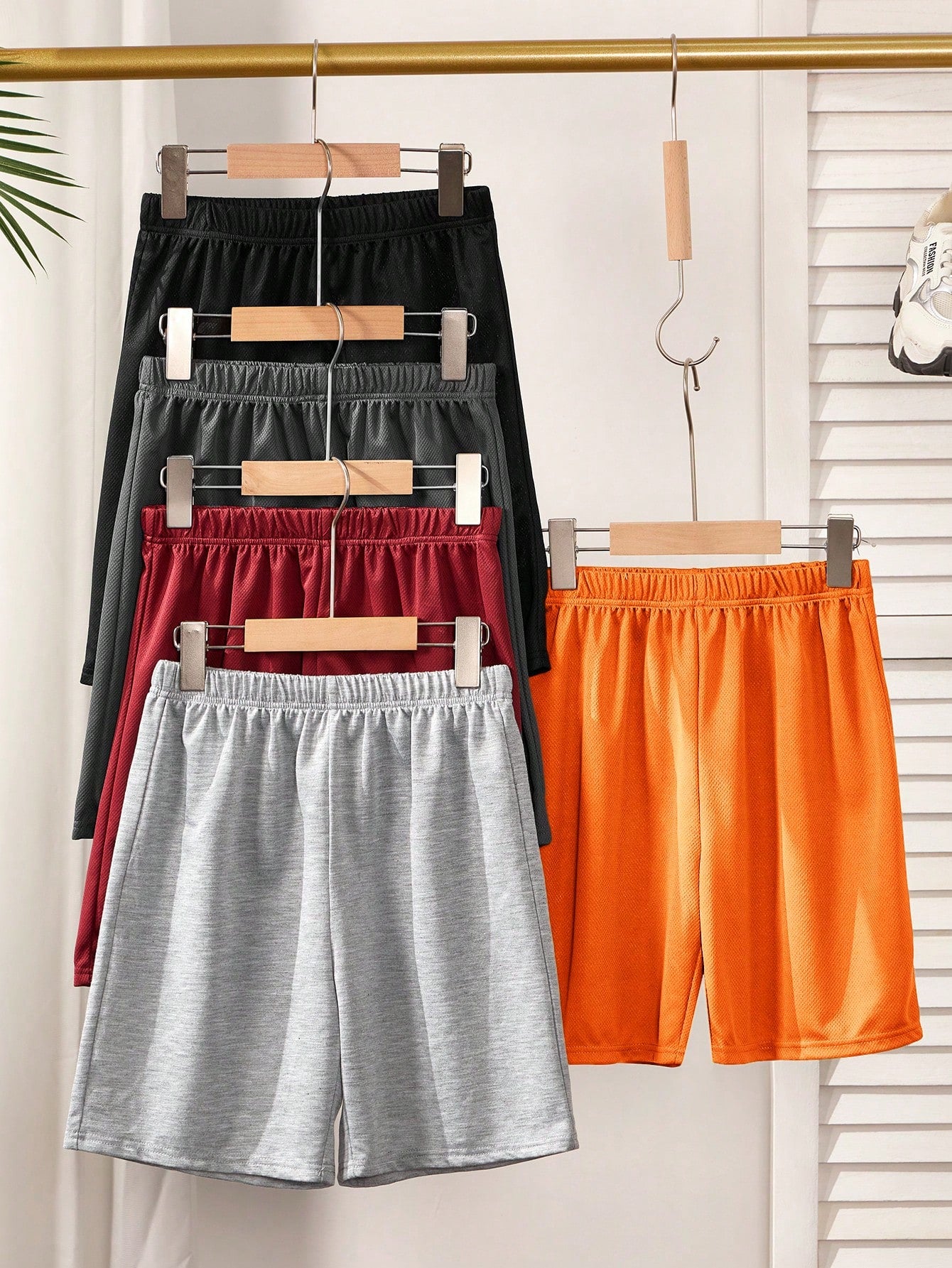 Multi-Pack Of 5 Tween Boy Casual Sports Loose Knitted Shorts, Solid Color Mesh Design, Assorted Colors (One Each), Set Of 5 Pieces