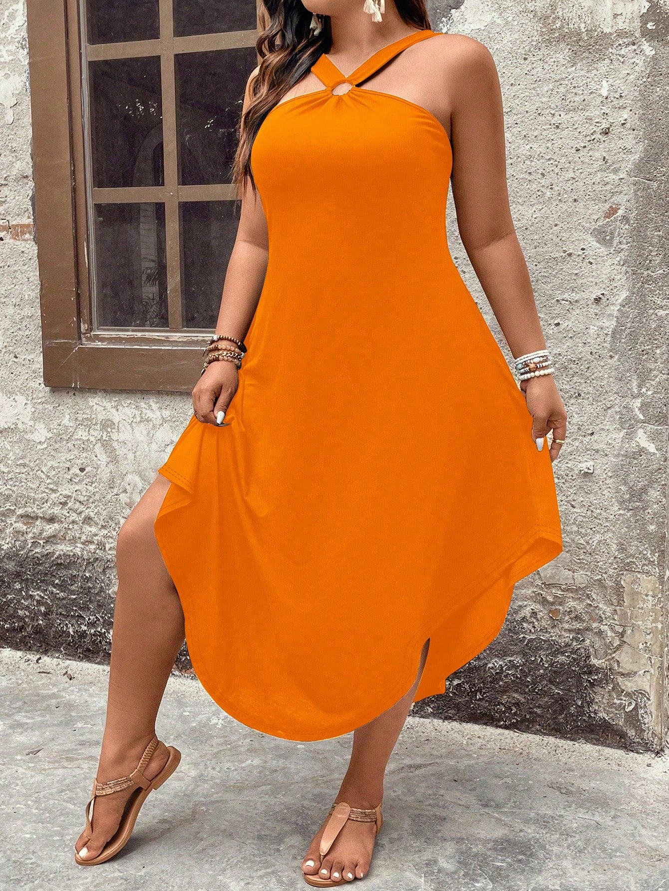 Plus Size Curved Hem Halter Neck Dress