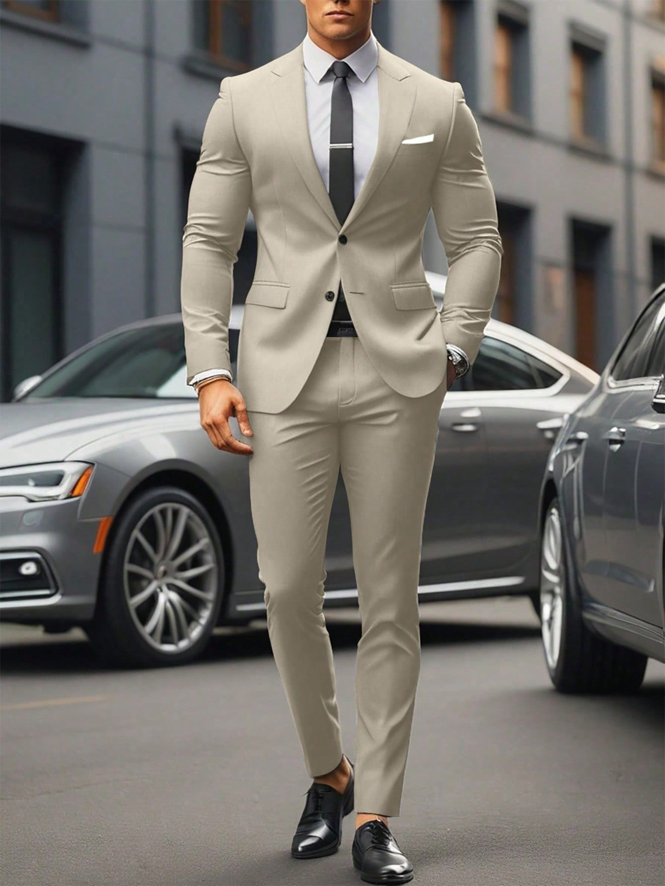 Men Spring And Autumn Casual Solid Color Turn-Down Collar Suit, Including Long Coat And Pants