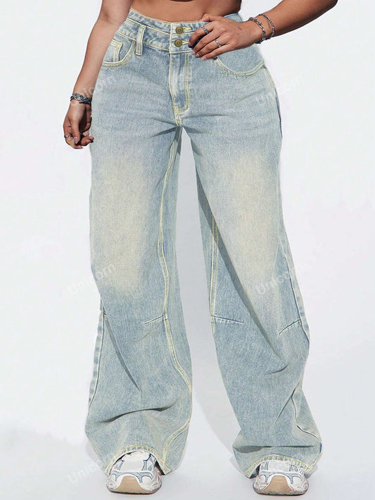 American-Style Light Blue Vintage Jeans With Buckle Design, Women's Straight Wide Leg Pants