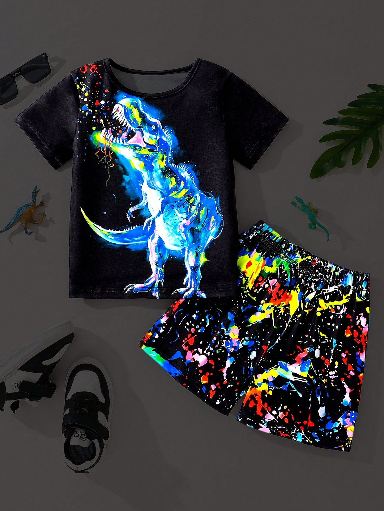 Young Boy Fluorescent Dinosaur Print T-Shirt And Shorts Set, Soft Knitted Casual Sports Outfit For Summer